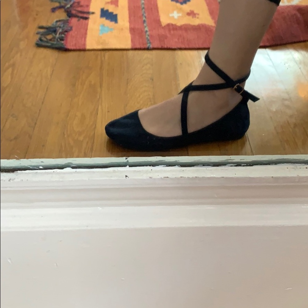 Blue suede ballet flats with ankle wrap
